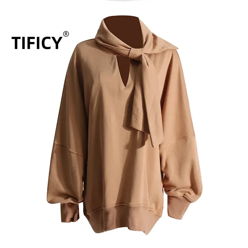 TIFICY Outono e Inverno Nova Cor Sólida Moletom Com Capuz Feminino Moda Estilo Casual Solto Lenço Gola Solta Moletons