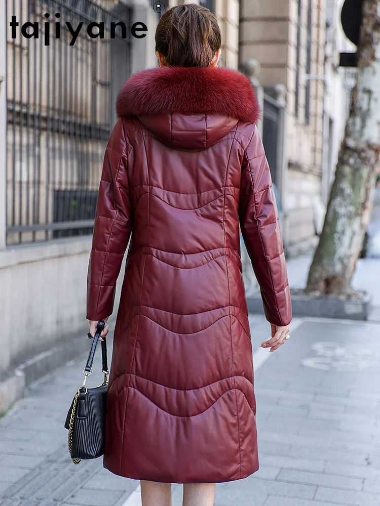 TAJIYANE سترة منفوخة من الجلد الحقيقي للنساء 100% من جلد الغنم أنقرة معاطف حمراء طويلة مع ياقة من فرو الثعلب ملابس شتوية 2025