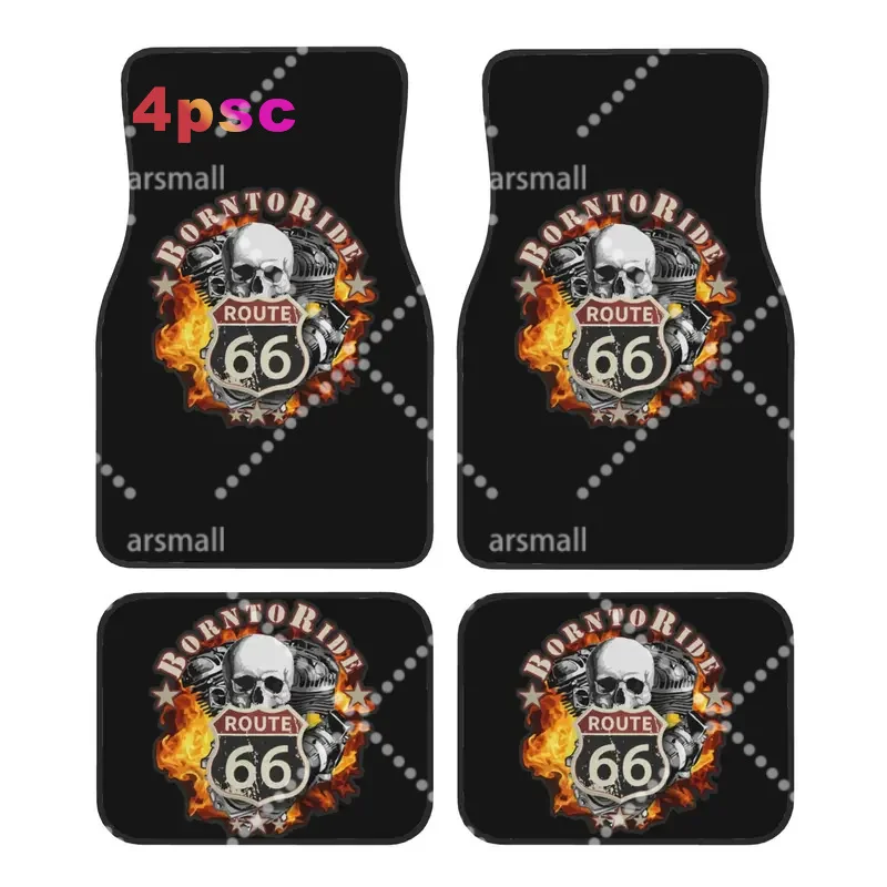 Crystal Velvet Car Floor Mats 4 Pcs Non-Slip Carpets Rugs Born to Ride Skull Route 66 Universal Car Front Rear Carpets Foot Mats