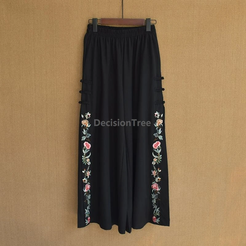 Ethnic style summer women embroidered floral wide-leg pants chinese style mom dancing leg-swinging loose big-foot pants