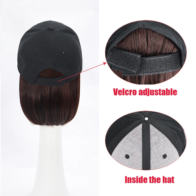 Short Straight Baseball Wig Synthetic Natural Bob Wig Black Hat Wigs Cap with Hair Connect Baseball Cap Adjustable for Women