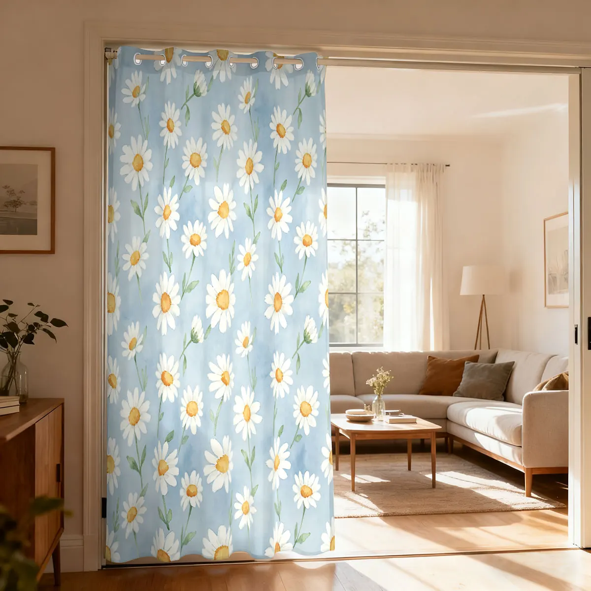 1PC Watercolor Daisy Floral Print Single Loop Curtain For Living Room Bedroom Door Window Fashionable Home Decoration