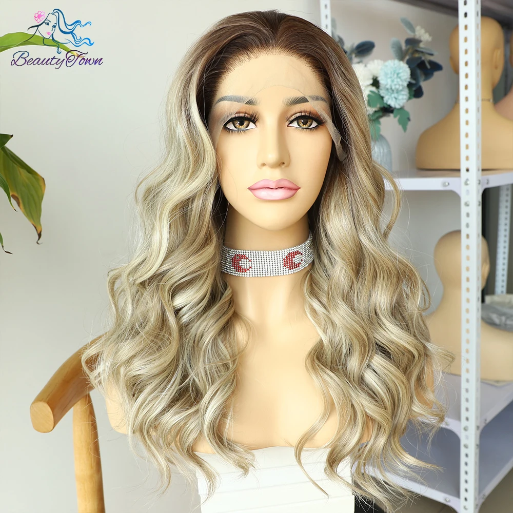 Honey Blonde Colored Synthetic Lace Front Wig Brown Yellow Highlight 13x3 HD Transparent Lace Frontal Wig Body Wave Cosplay Wig