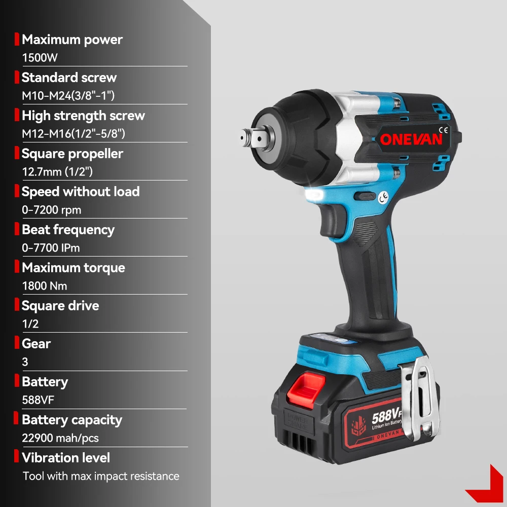 مفتاح ربط كهربائي بدون فرش عزم دوران 1800N.M من ONEVAN مع بطارية 588VF 1/2 بوصة مفتاح ربط لاسلكي أداة كهربائية لدبوس بطارية ماكيتا #2