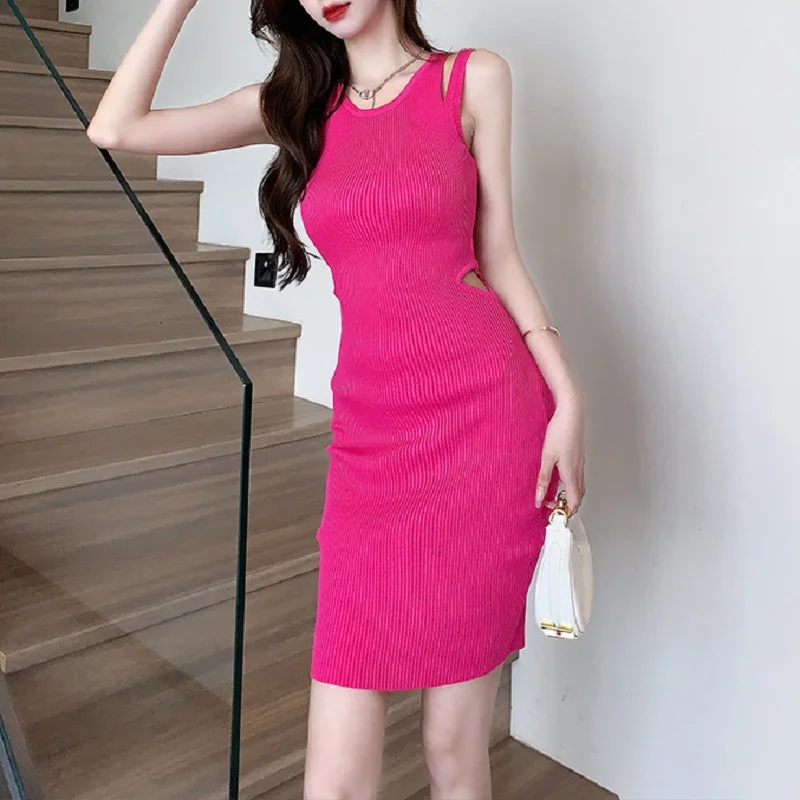 Skinny Knitted SLeveless Dresses Summer Women's Dress Korean Sexy Sleeveless Chic Hollow Out Waistless Slim Wrap Hip Knit Dress