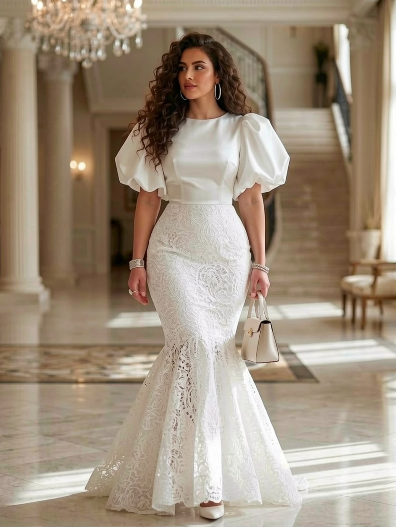 Rundhalsausschnitt, Puffärmel, Spitze, Meerjungfrauen-Maxikleid mit Schleppe, Brautkleid für Hochzeit, Abendveranstaltungen, formelle Anlässe