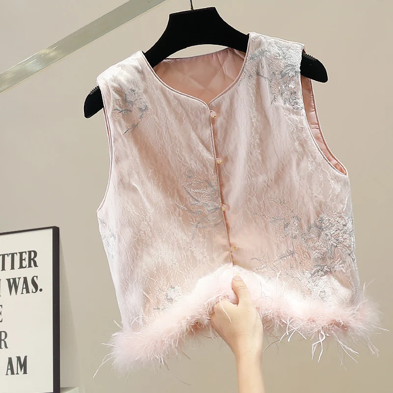 

Модный женский жилет с вышивкой и перьями, на одной пуговице, средней длины, приталенный, трендовая повседневная верхняя одежда