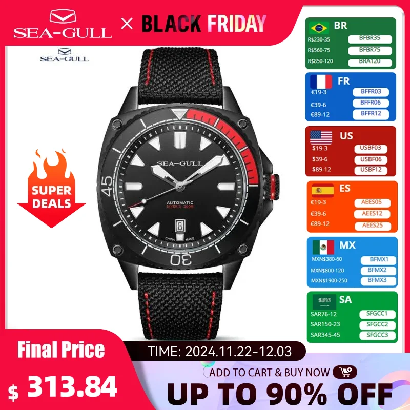 Seagull Mens Automatic Watches Dive Watch 200m Waterproof Mechanical Wristwatch Multi-function Luminous Sapphire Mirror 6057