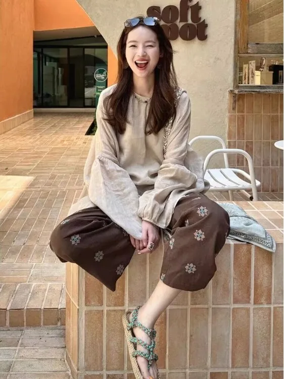 

Новая женская летняя рубашка свободного кроя в стиле Lazy Style, дышащая, с защитой от солнца, с длинным рукавом, круглым вырезом, повседневная