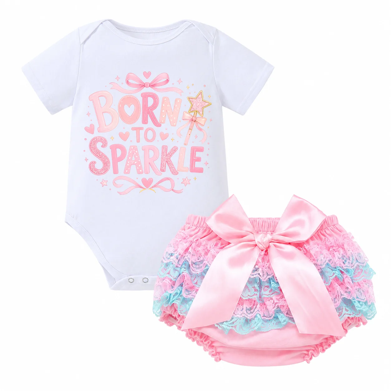 Newborn Baby Girl 2Pcs Outfit Born To Sparkle Print Short Sleeve Bodysuit Lace Rainbow Tutu Skirt Big Bow Princess Birthday Part