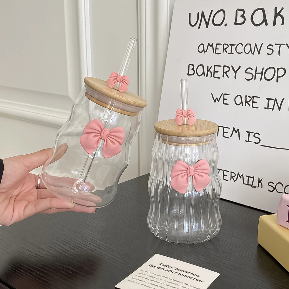 1Pc Glass Cup with Lid and Straw, Elegant Bow-Knot Glass Cup for Girls, Wavy Glass Cup with Lid and Straw, Striped Glass Cup, Su