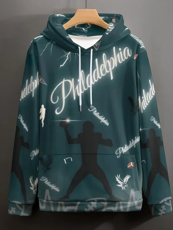 Herren Philadelphia Football Eagle Silhouette 3D-Druck Hoodie Sportthema Langarm Lässiger Oversized Kapuzenpullover – Detail 3