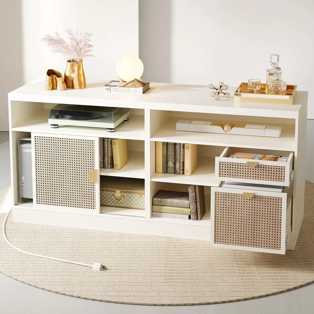 

63 White Rattan Lateral File Cabinet with Lock, Adjustable Shelves, AC/USB Ports, Sliding Door for Home Office, Letter/A4 Size