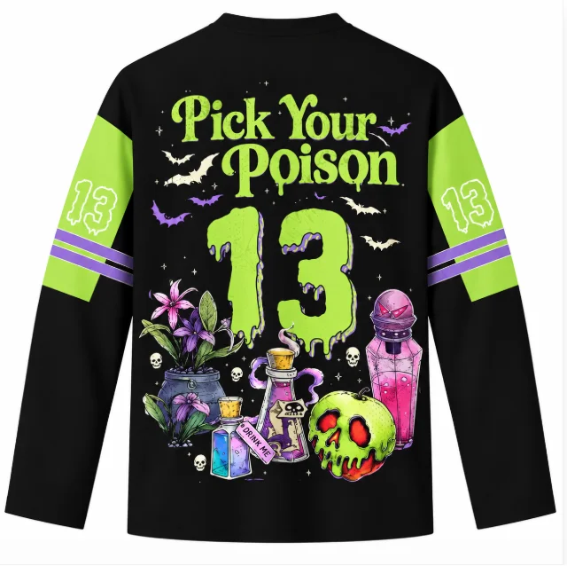 Pick Your Poison Long Sleeve Jersey Men Halloween Witch Potion Poison Apple Graphic V-Neck Shirt Black Green Streetwear