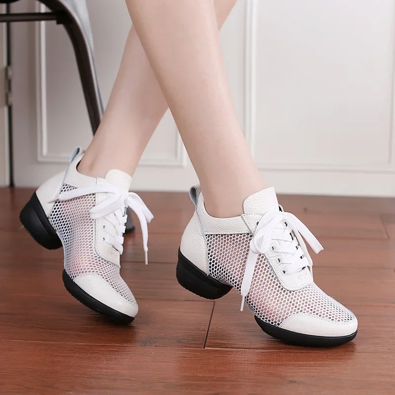 Dance Breathable Shoes Female Sailor Net Sports Shoes Woman Top Layer Modern Dance Jazz Cowhide Square Soft Sole Sneakers