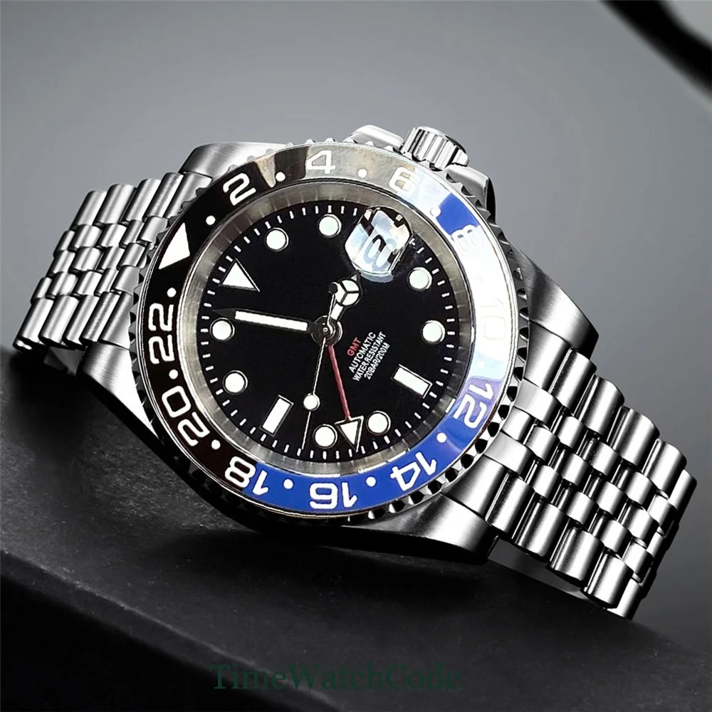 Tandorio 40mm NH34 Movement Automatic Watch For Men GMT Function Black Dial Sapphire Crystal Auto Date Jubilee/Oyster Bracelet