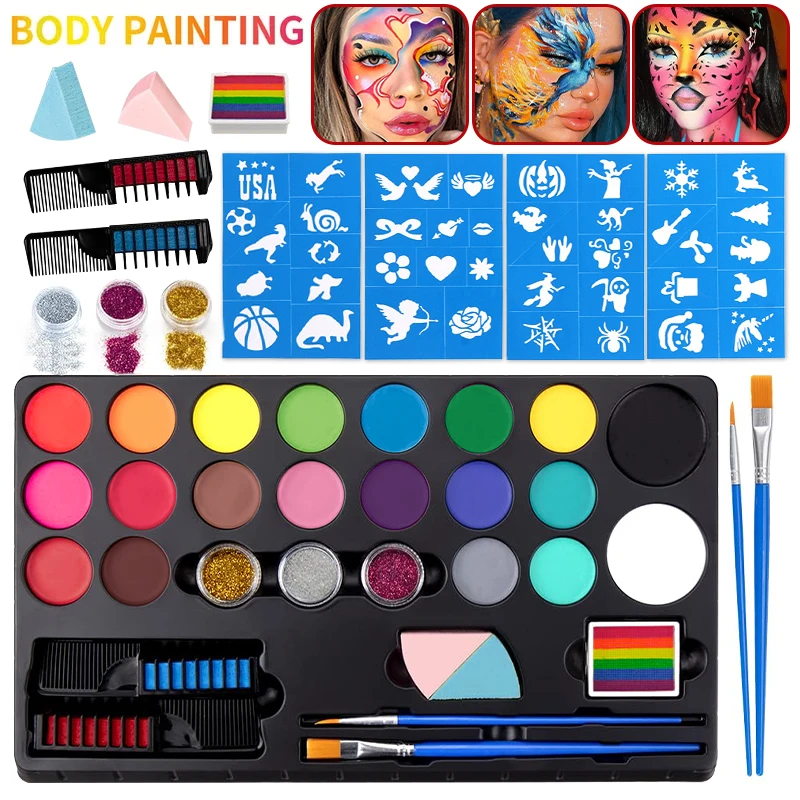 20 Colors Face Body Paint Kit with Glitter, Brushes, Stencils,Water Based Washable Makeup Palette for Kids Adults Party Cosplay