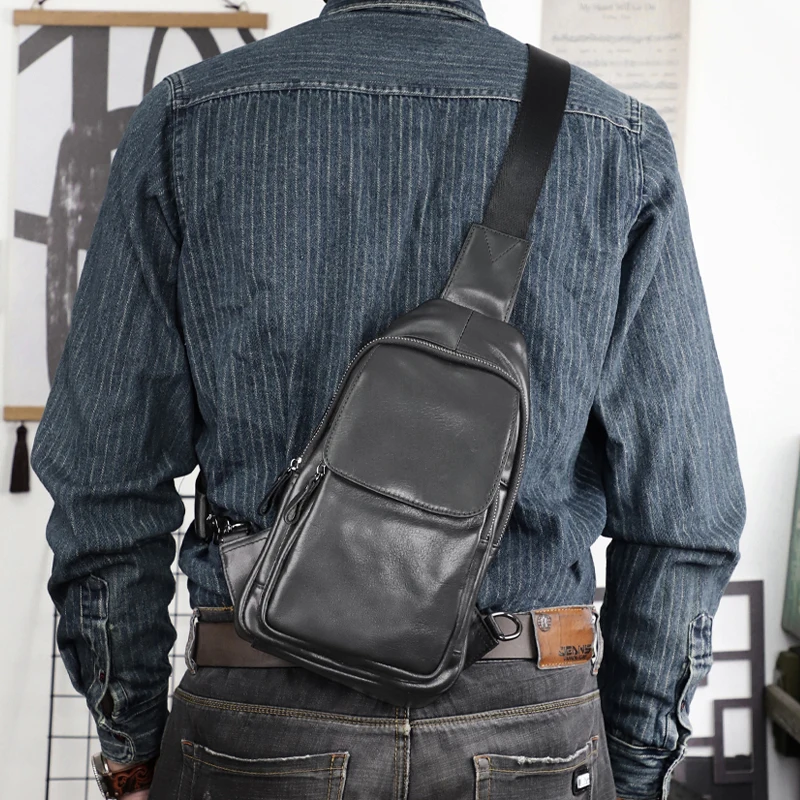 

Casual Men Chest Bag Handmade Genuine Leather Crossbody Shoulder Bag Outdoor Chest Pack Simple Single-Shoulder Bag