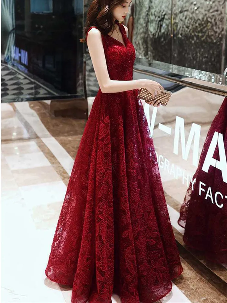 Wine Red Dress Solid Color Sequin V-neck Long A-line Skirt Elegant Evening Gown M047