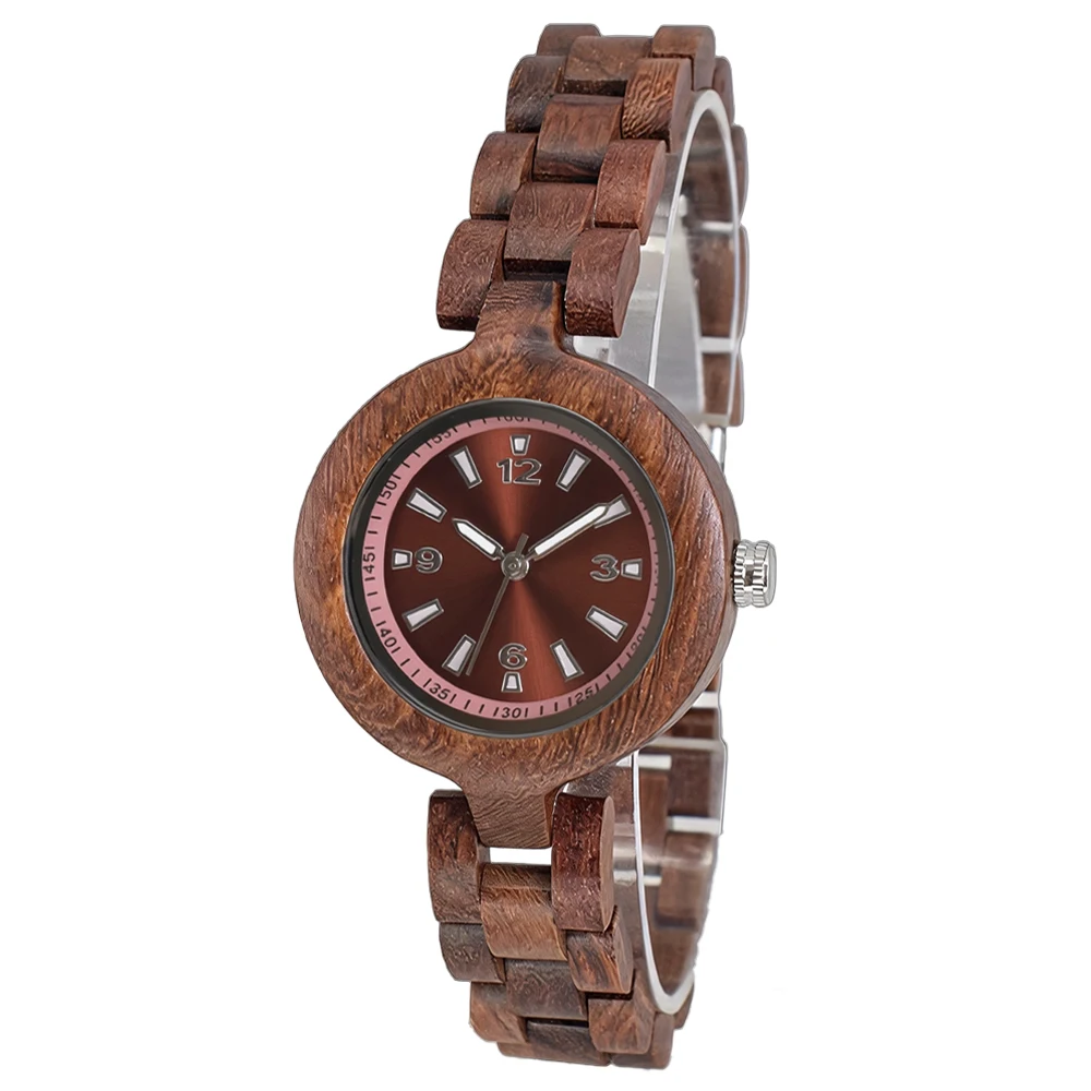 Women's Fashion Wooden Quartz Watch with Hot Style Round Fold Clasp and Gift Box Wristwatch