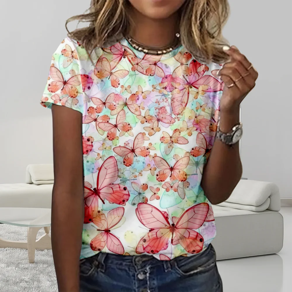 Summer T Shirt Women Butterfly Short Sleeve Flora T-shirt Fashion Tee Top Oversize Shirt O-Neck Basic Top Casual Clothes Blusa