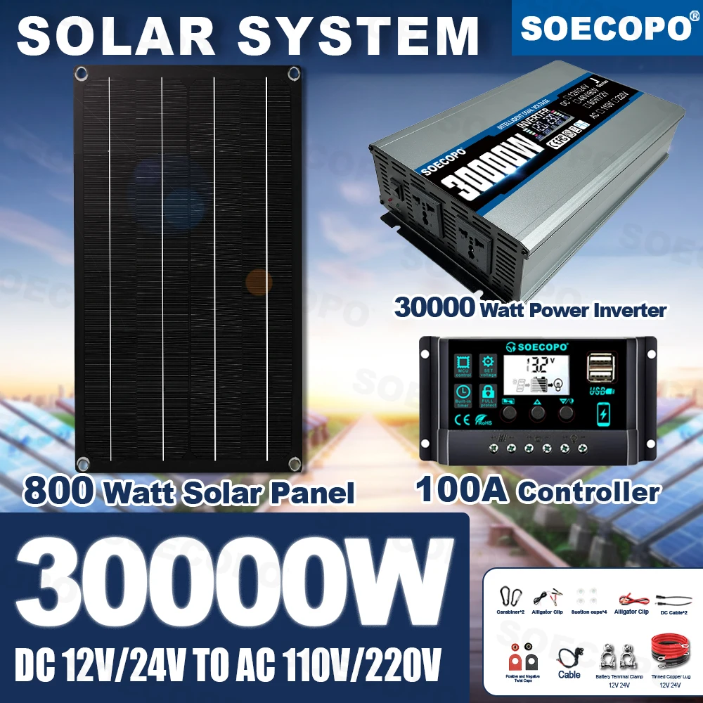 

Energy Saving Waterproof SOECOPO 30000W Peak Solar Kit 800W Panel 100A Controller Inverter Generator for home CAR Garden Camp