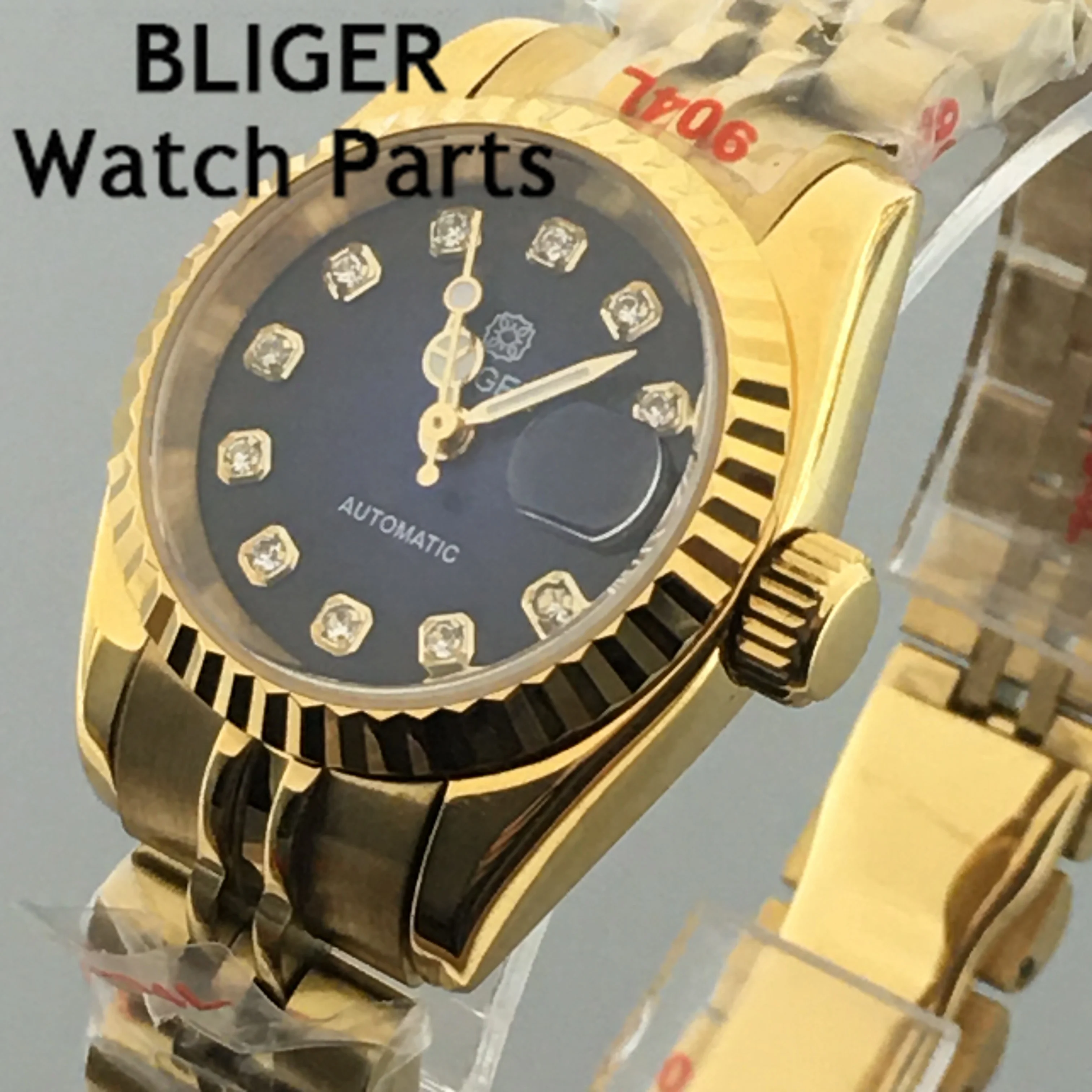 BLIGER 26mmNH05A Automatic Women Watch Sapphire Glass Two Tone Rose Gold Red Green Dial Diamond Index Steel Bracelet