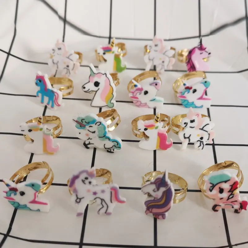 10pcs/Lot Children Cute Unicorn Horse Rings Mix Style Adjustable Finger Rings Kid Baby Girl Ring Jewelry Gift(Without box)