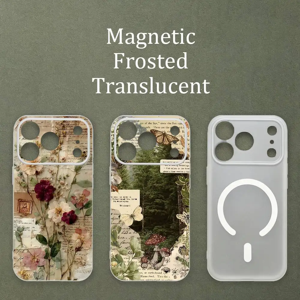 Botanical Vintage Floral Style Matte Frosted Semi-transparent Magnetic TPU Case For iPhone 17 11 13 14 15 16 12 Pro Max