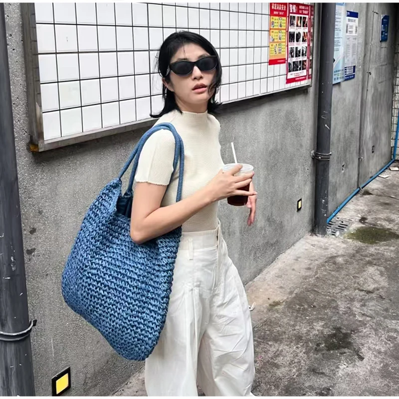 Vintage Einfarbige Gewebte Schultertasche, Minimalistische Casual Pendler-Handtasche für Frauen, Sommer Strand Handgefertigte Leichte Tasche – Detail 11