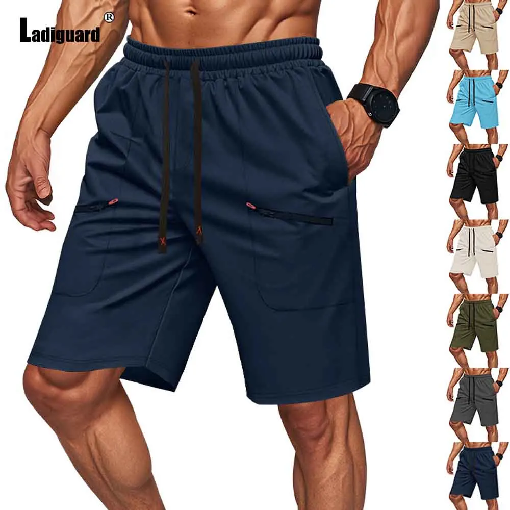 2025 Summer Sexy Zipper Cuff Pocket Board Shorts Men Casual Run Sports Short Pants Solid Khaki Navy Soft Drawstring Shorts New