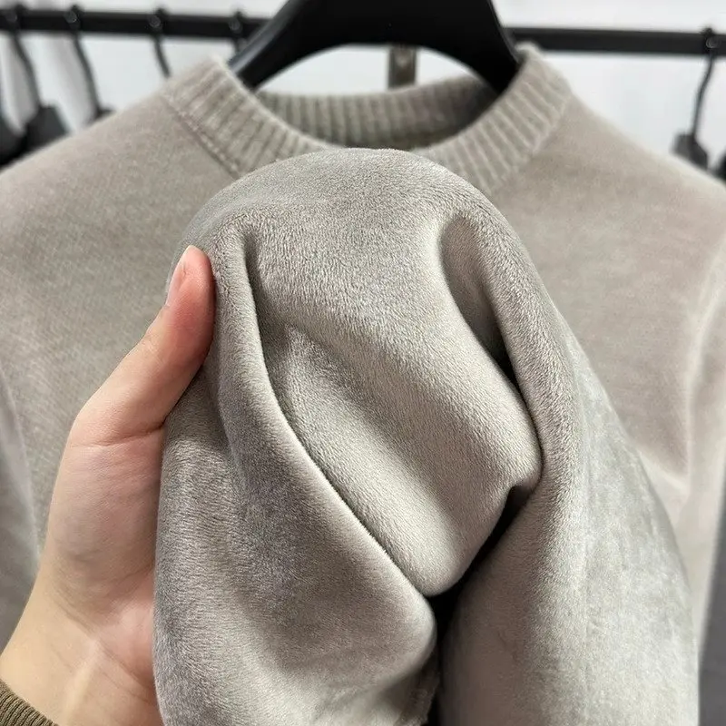 

One-piece Velvet Half-high Collar Men Solid Embroidery Fleece Lined Warm Thicken Pullovers Sweatshirt Knitting Bottoming Clothes