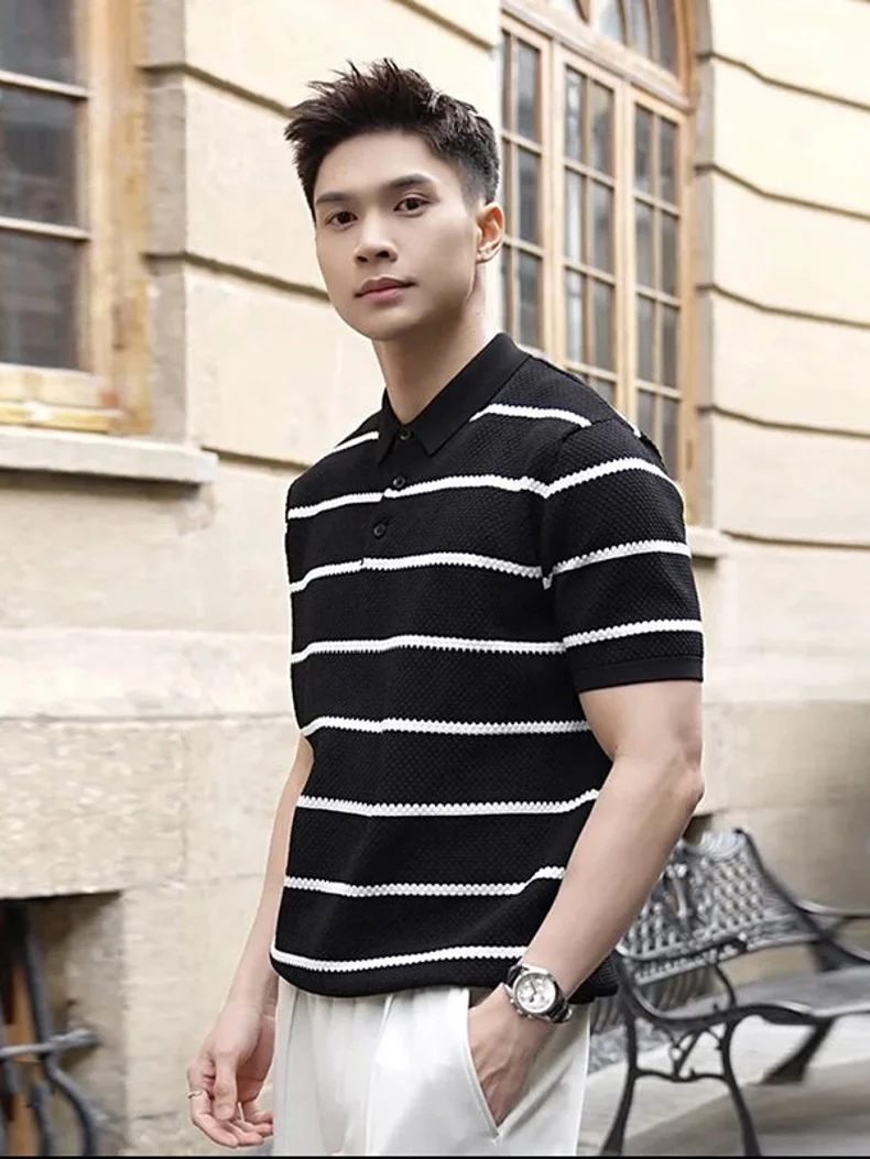 Black White Stripe Knit Polo Shirt Men Short Sleeve Turn‑Down Collar Button Placket Breathable Business Casual Summer Tops