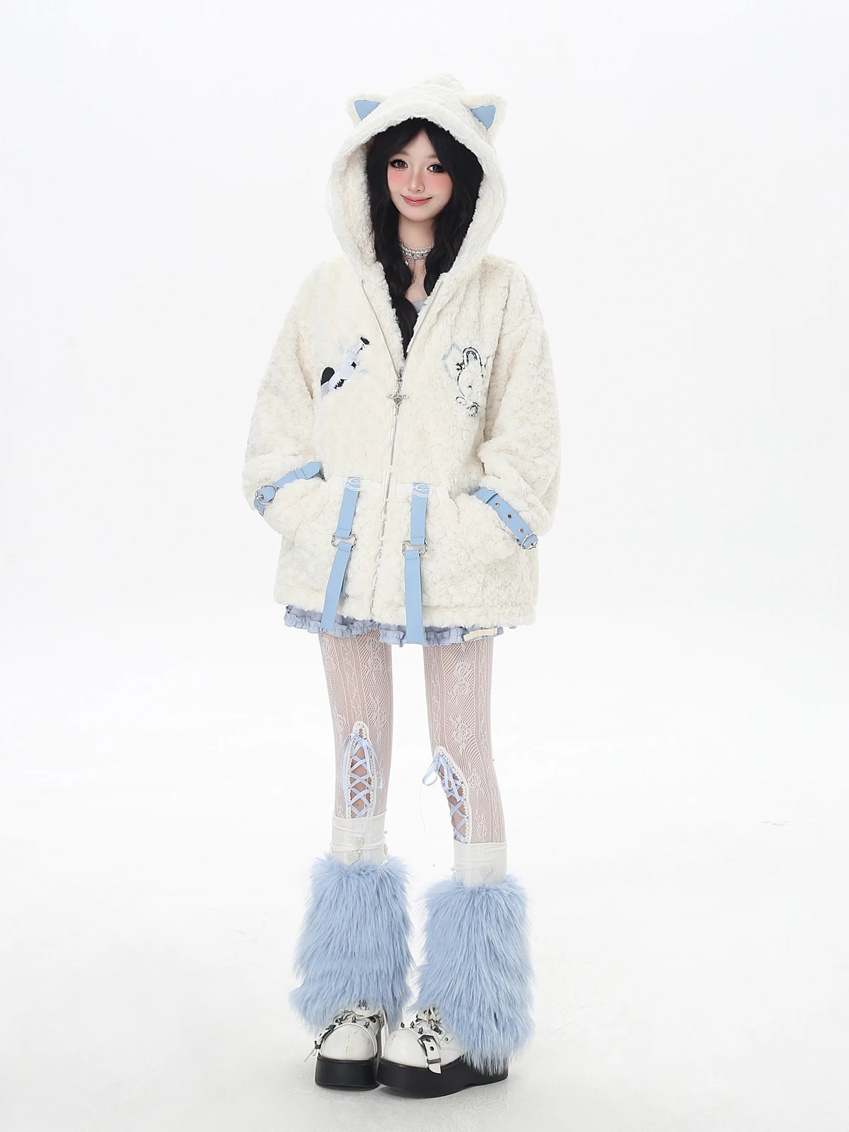 Fashion Sweet Cute Girl Cat Ear Hooded Cartoon Embroidery Cross Zipper Thick Warm Plush Coats Loose Casual Jackets Women Winter