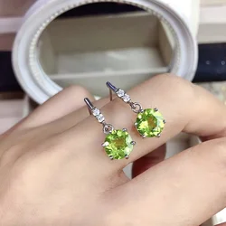 Simple Peridot Silver Drop Earrings 100% Natural  Perdiot Earrings Round Cut 8mm Solid 925 Silver Peridot Jewelry Gift for Woman