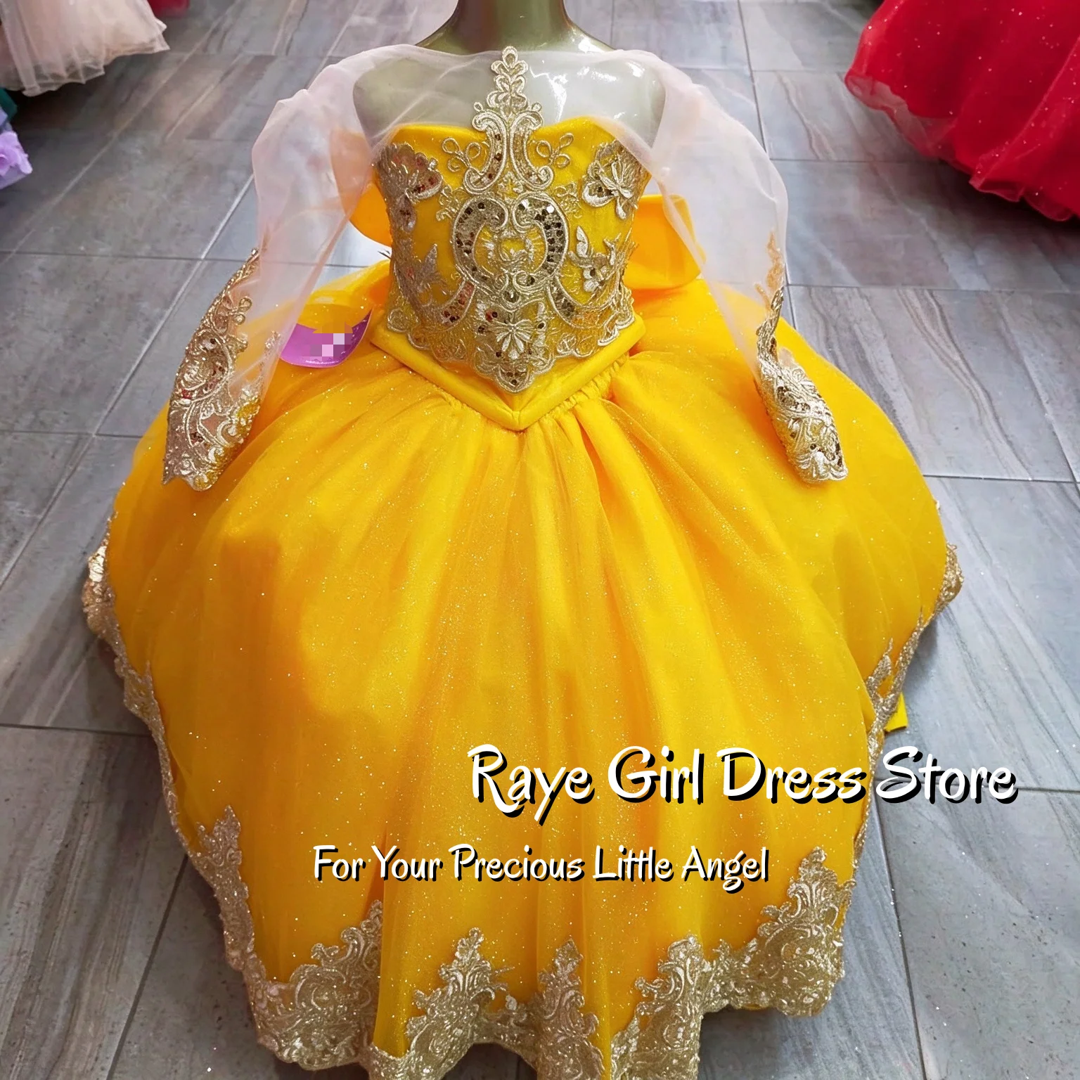 Bright Yellow Flower Girl Dress Sheer Cape Sleeve A Line Floor Length Puffy Glitter Tulle Gown With Gold Lace Embroidery