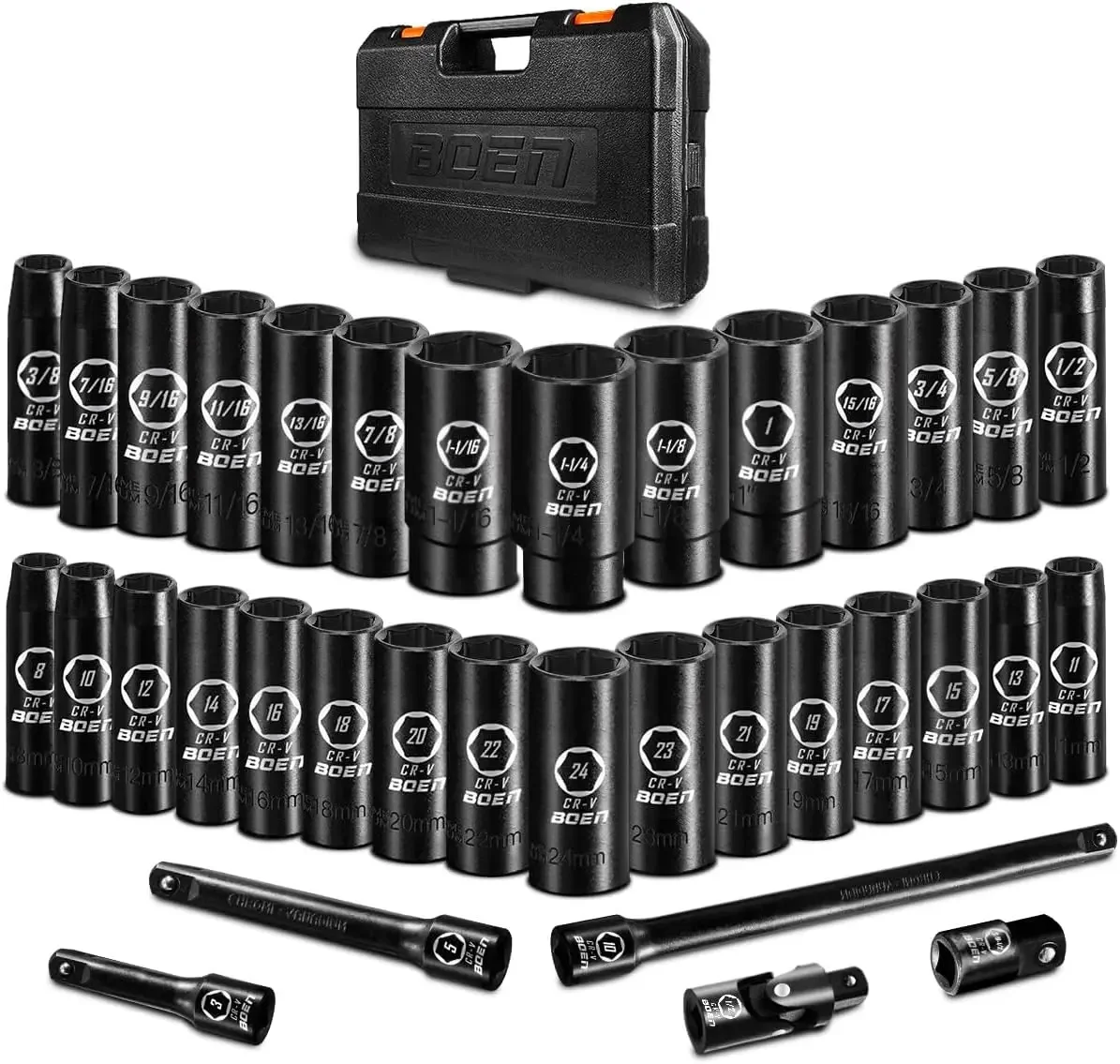 

35PCS 1/2” Drive Impact Socket Set, Deep SAE(3/8"-1-1/4") & Metric(8-24mm) Socket with Extension Bars, 6 Point Cr-V Steel for