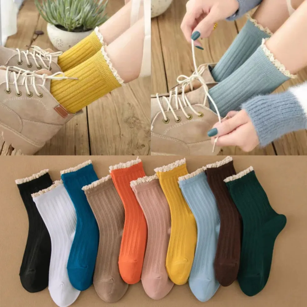 Korean Candy Ruffle Women Socks JK Lolita Frilly Socks Japanese Fashion Harajuku Vintage School Girls Cotton High Long Socks