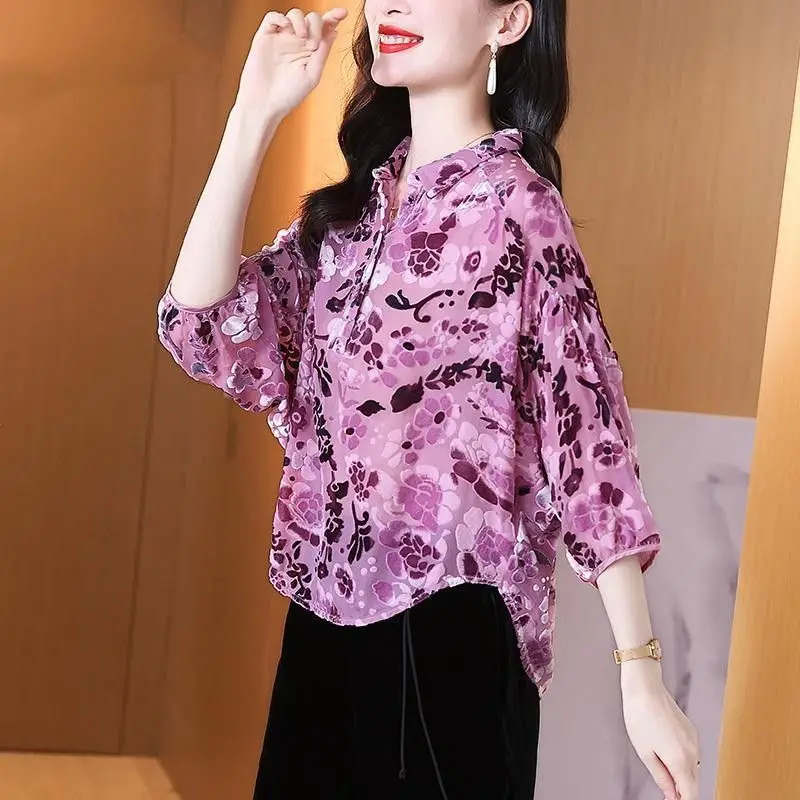 Elegant Lapel Button Printed Folds Floral Blouses Women's Clothing 2023 Autumn Winter Loose Casual Tops Office Lady Shirts