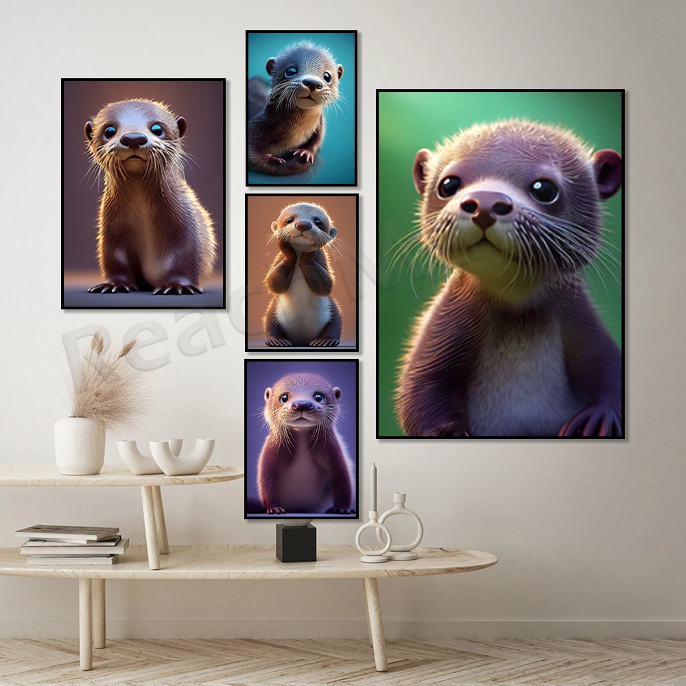 

Cute Animal Otter Portrait Print Poster Canvas Oil Painting Art Nordic Poster Print Mural Living Room Decor