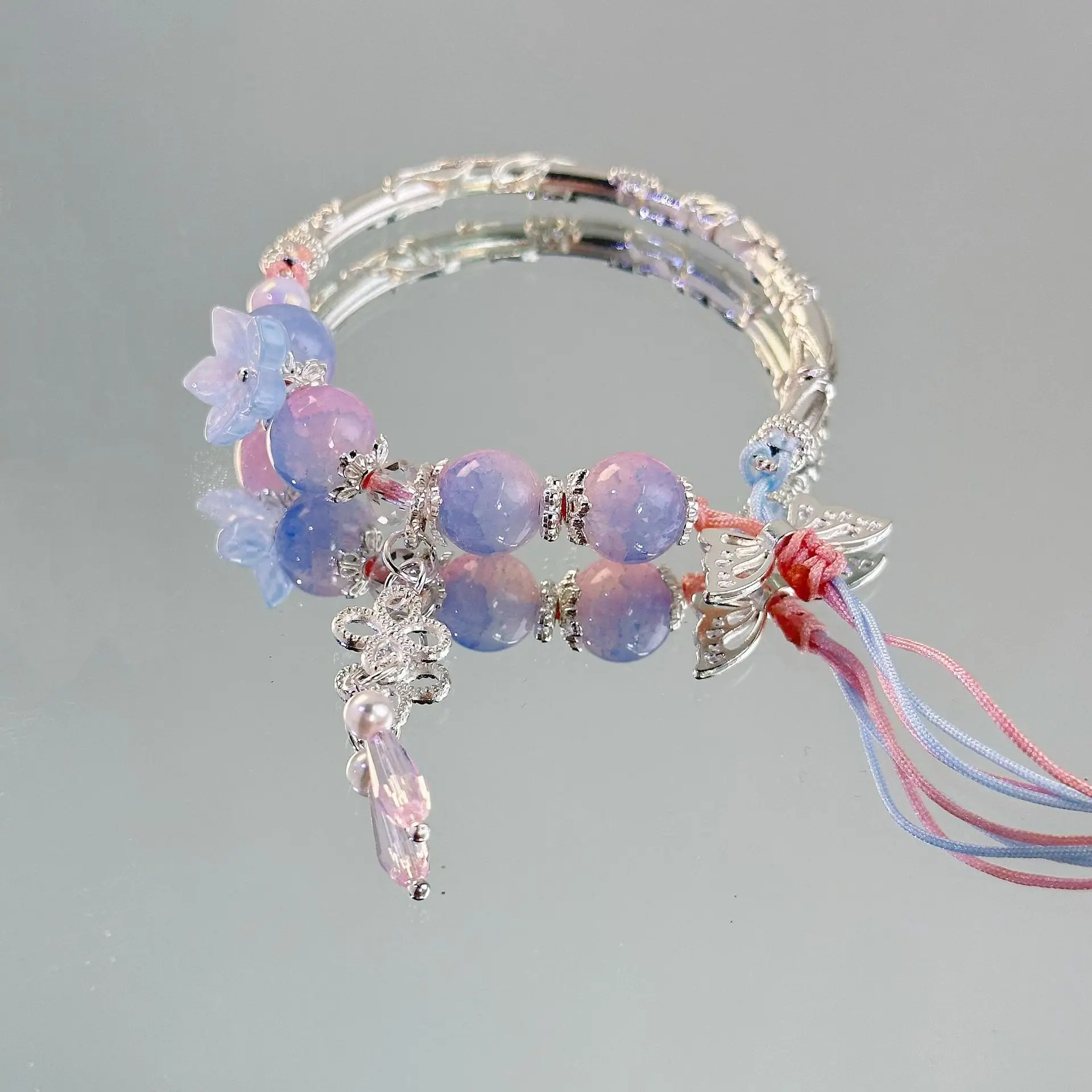 Exquisite Natural Stone Butterfly Flower Bracelet Elegant Gradient Color Beaded  Pendant Elastic Beaded Bracelets for Women Gift