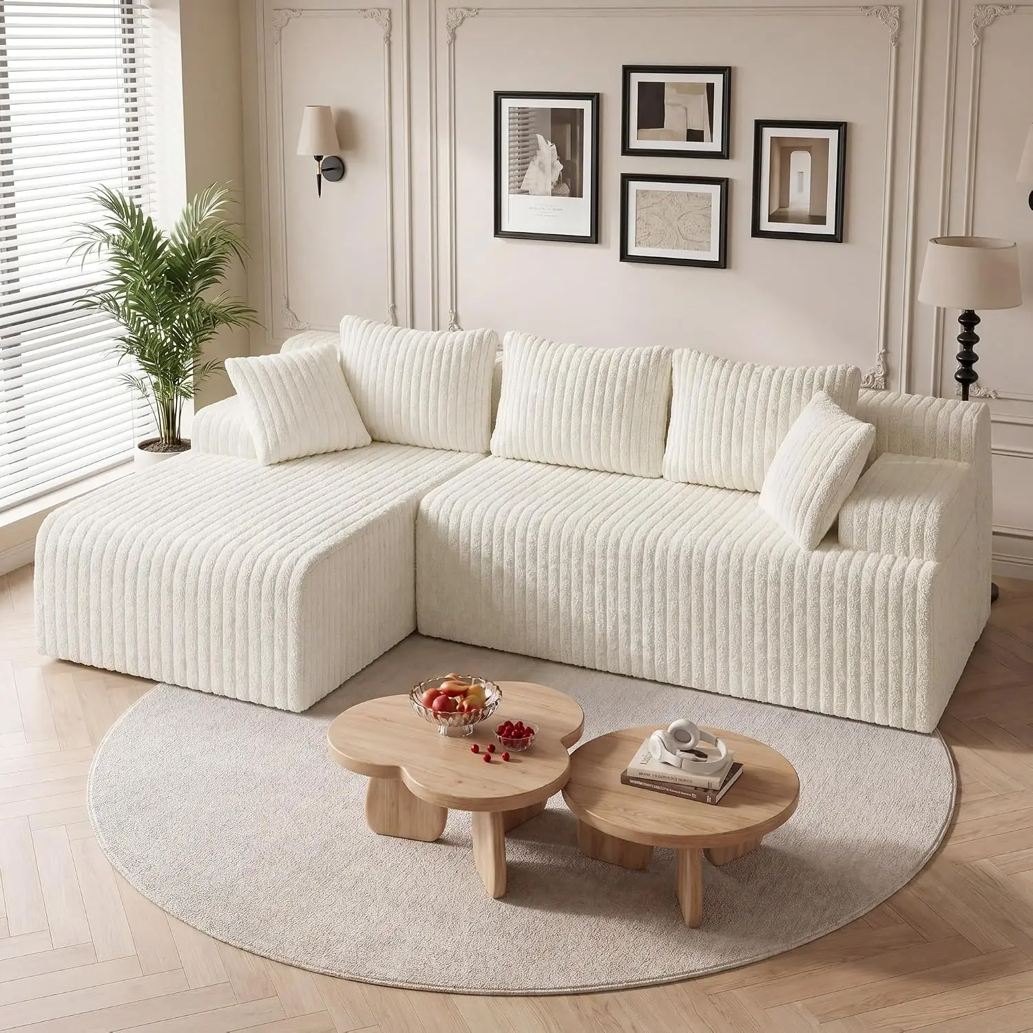 L-Shaped Modular Sofa, Cloud Sofa With Deep Seat & Oversized Chaise, Corduroy Fabric, Left, Beige, Customized