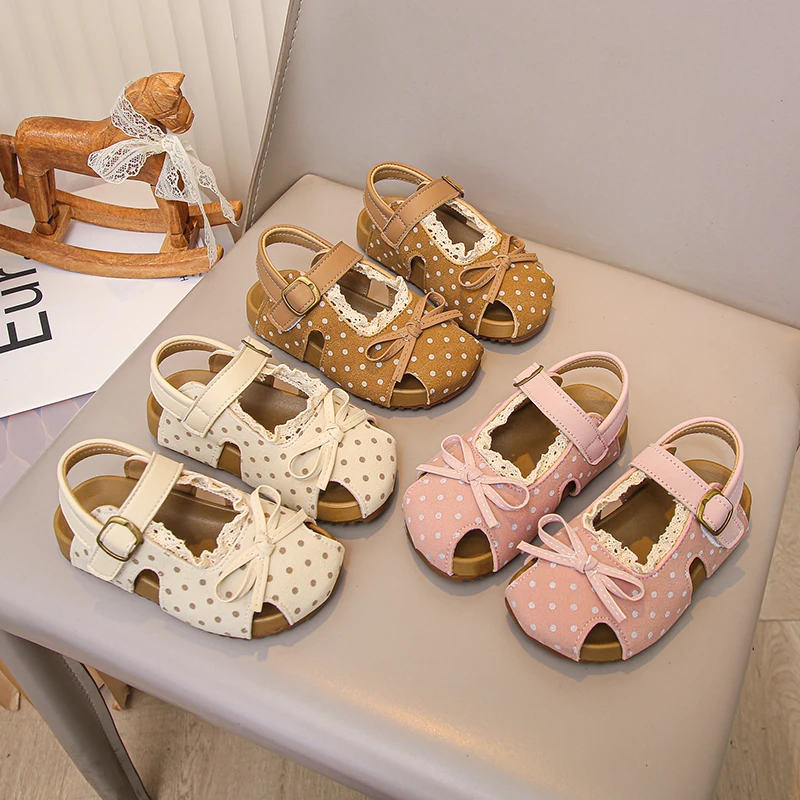 

2026 Summer Trendy Princess Sandals Toddler Girls Lace Trim Bow Polka Dot Leather Non-slip Beach Party Shoes