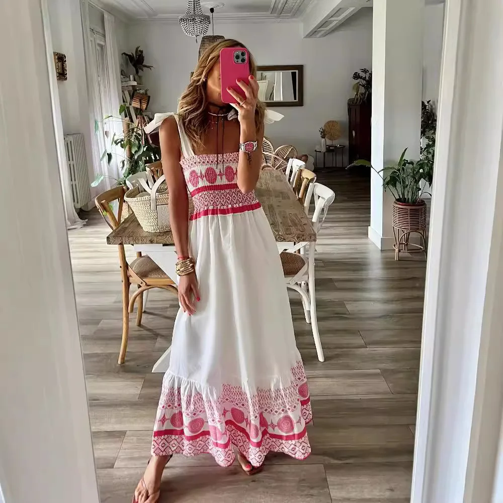

Bohemian Style Tie Waist Printed Maxi Dress for Women Summer Loose Fit Holiday Beach Long Sundress Elastic Waist Casual Wear
