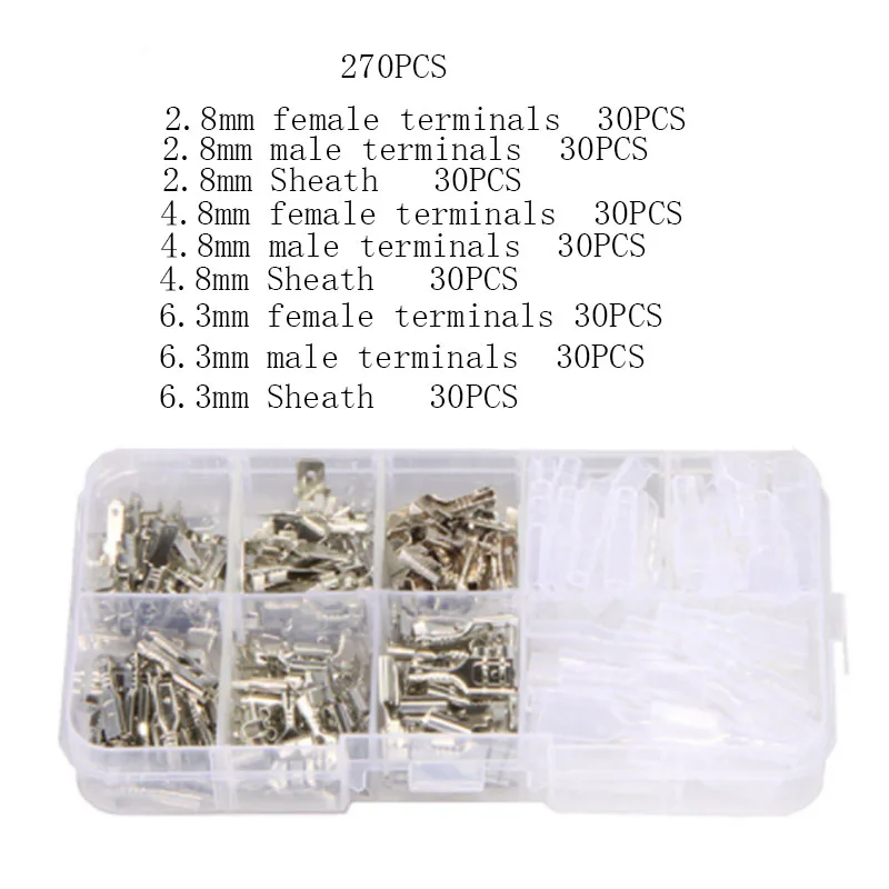 270Pcs 2.8mm 4.8mm 6.3mm Plug Spring Female Male Spade Cold Crimp Terminals Connector Car Speaker Electrical Wire Connectors Set