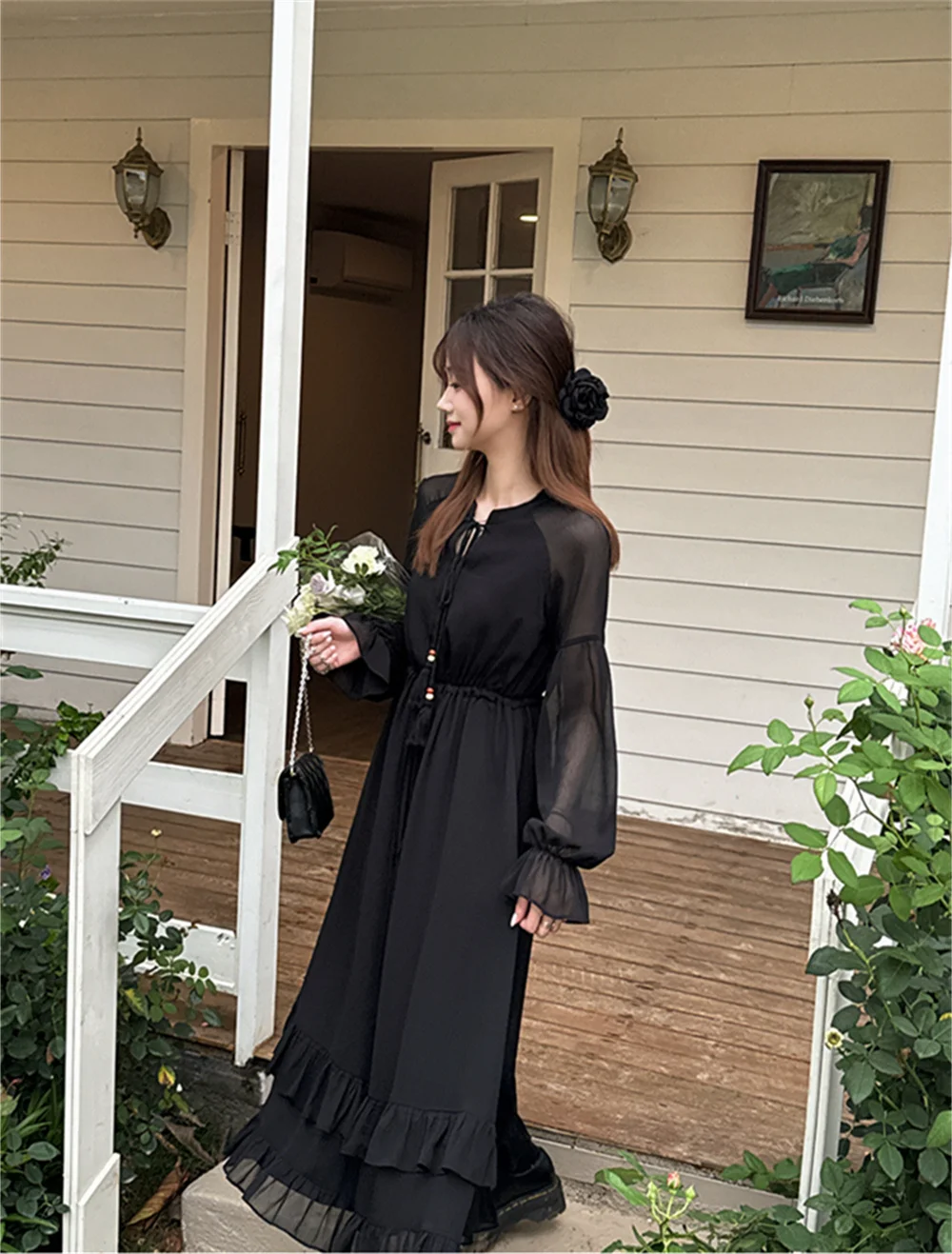 Vestidos de manga comprida vestido feminino para festa de casamento outono malhas smocked abotoado gola h-line estilo minimalista y2k