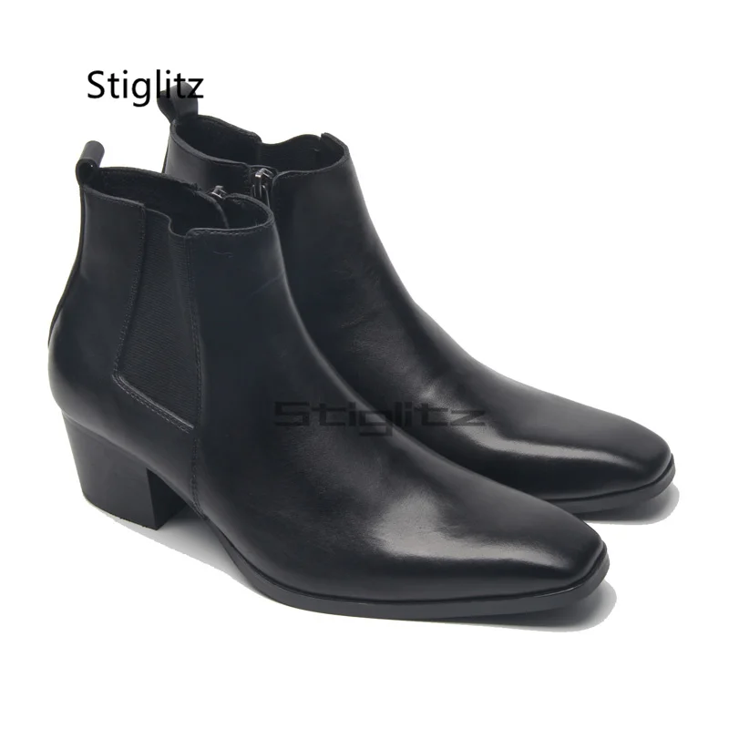 

High Heeled Chelsea Boots for Men Small Square Toe Black Cowhide Ankle Boots British Business Dress Boots Male Leather Shoes