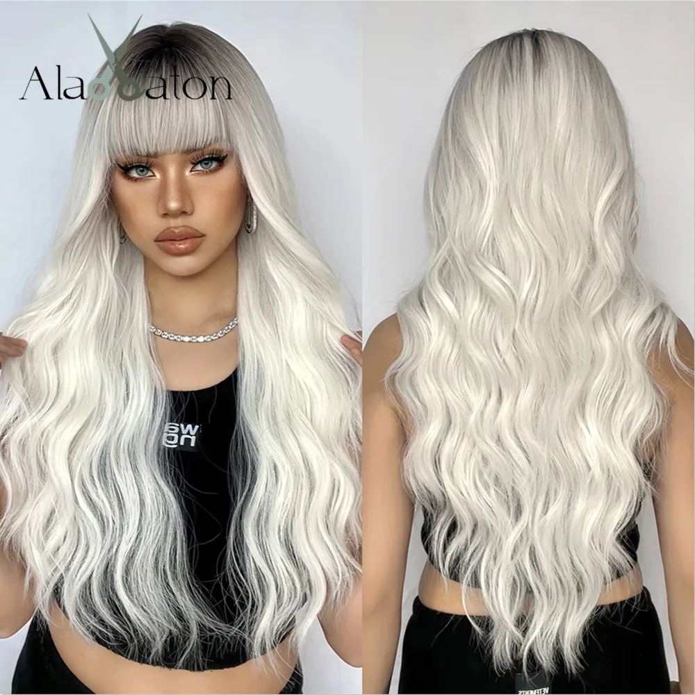 ALAN EATON Long Ombre Blonde Synthetic Wigs Natural Wavy Wig with Bangs for Daily Use Soft High Temperature Fiber Party Cosplay