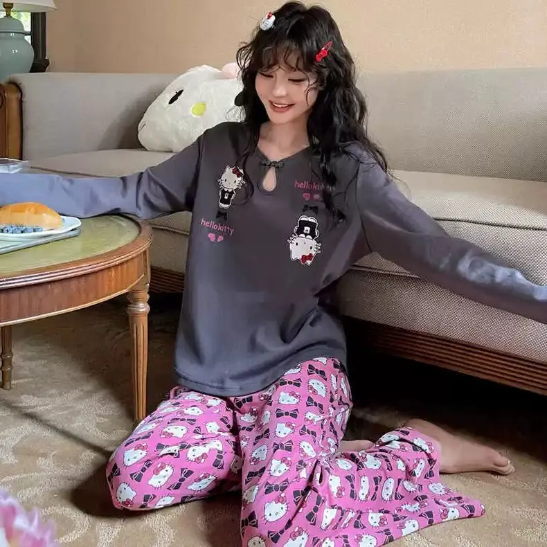 

Женская одежда Kawaii Kt Cat, мультяшная одежда для отдыха, Пижамный костюм, весна-осень, свободная Женская домашняя одежда