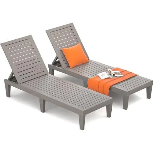 Outdoor Lounge Chairs Set of 2 for Poolside Patio, Weather-Resistant Pool Chaise Lounge with Adjustable Backrest, Resin